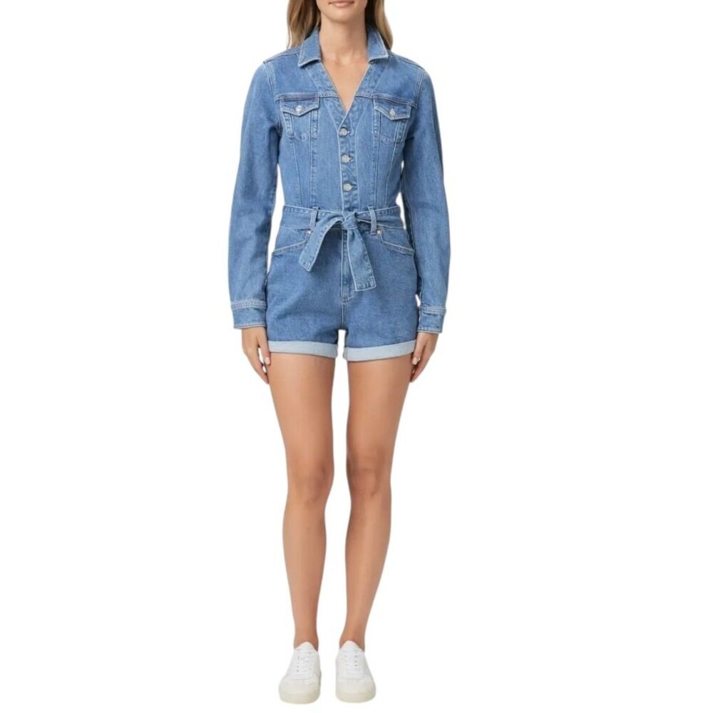 PAIGE Maggy Romper Tracey NWT Size 6 Belted Denim One Piece Utility Chic